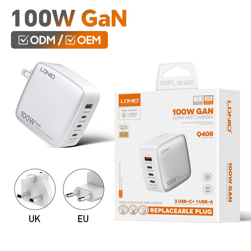 LDNIO Q408 100W GaN Fast Charger | 3 USB-C + 1 USB-A PD QC 4-Port Wall Charger