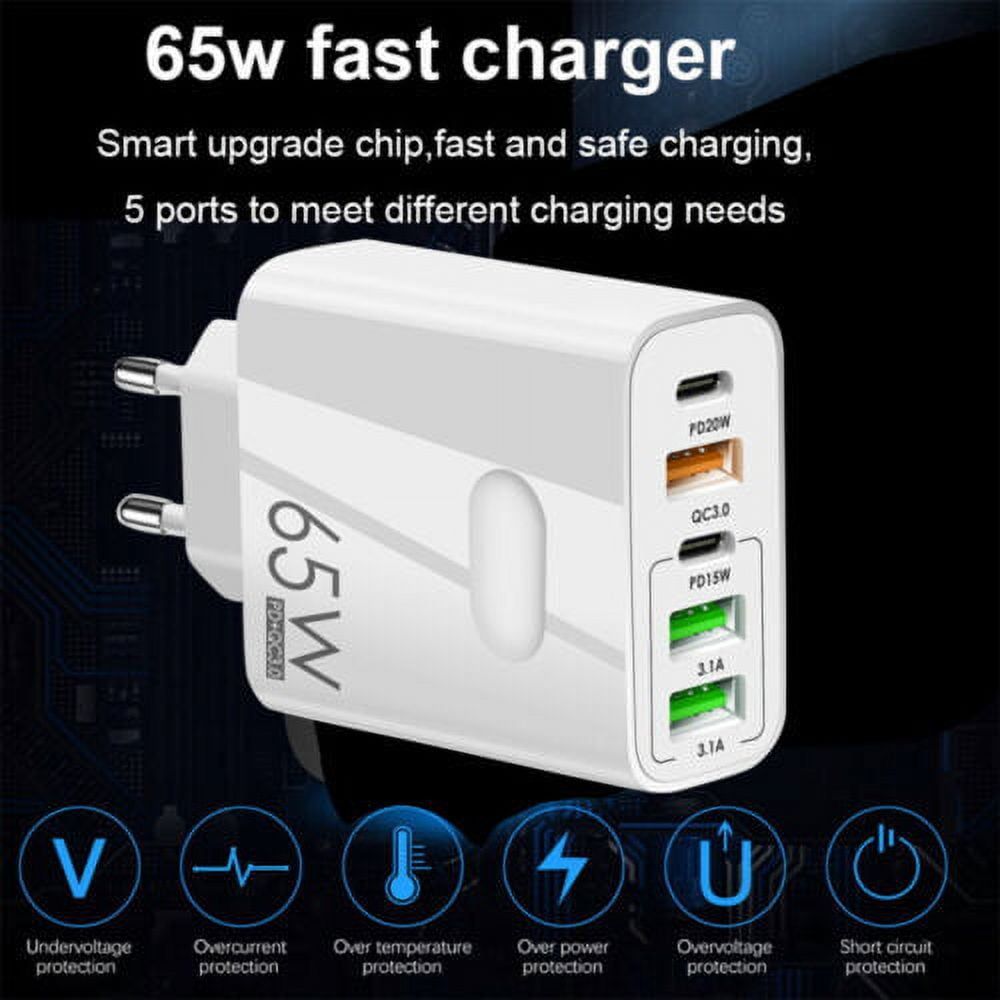 65W Fast USB-C PD Charger Adapter with 2 USB-C & 3 USB Ports | QC 3.0 Multi-Port Wall Charger - White