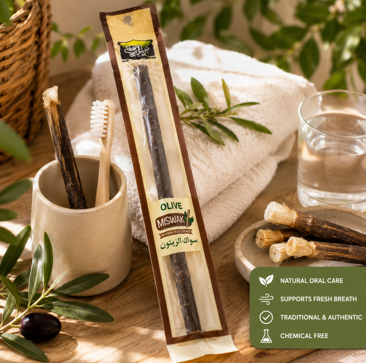 Al Khair Olive Miswak Thick Natural Toothbrush - Pack of 9 | Premium Herbal Olive Wood Teeth Cleaning Sticks
