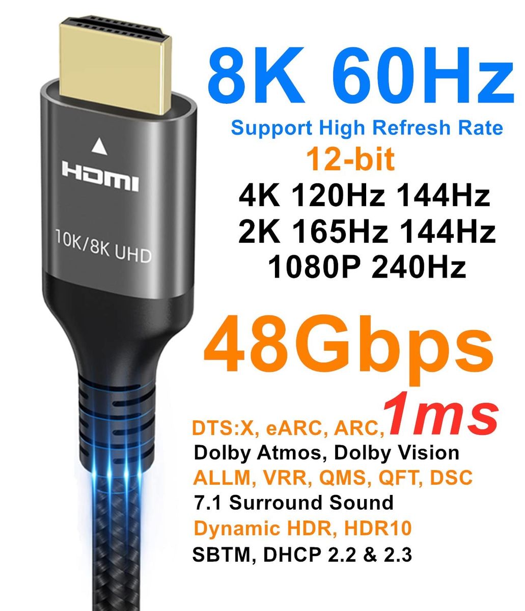 HDMI 2.1 8K Ultra High Speed Cable 1.5M | 8K@60Hz, 4K@120Hz | 48Gbps HDMI Cable | HDR10+, eARC, Dolby Vision, Gaming & HDTV Compatible