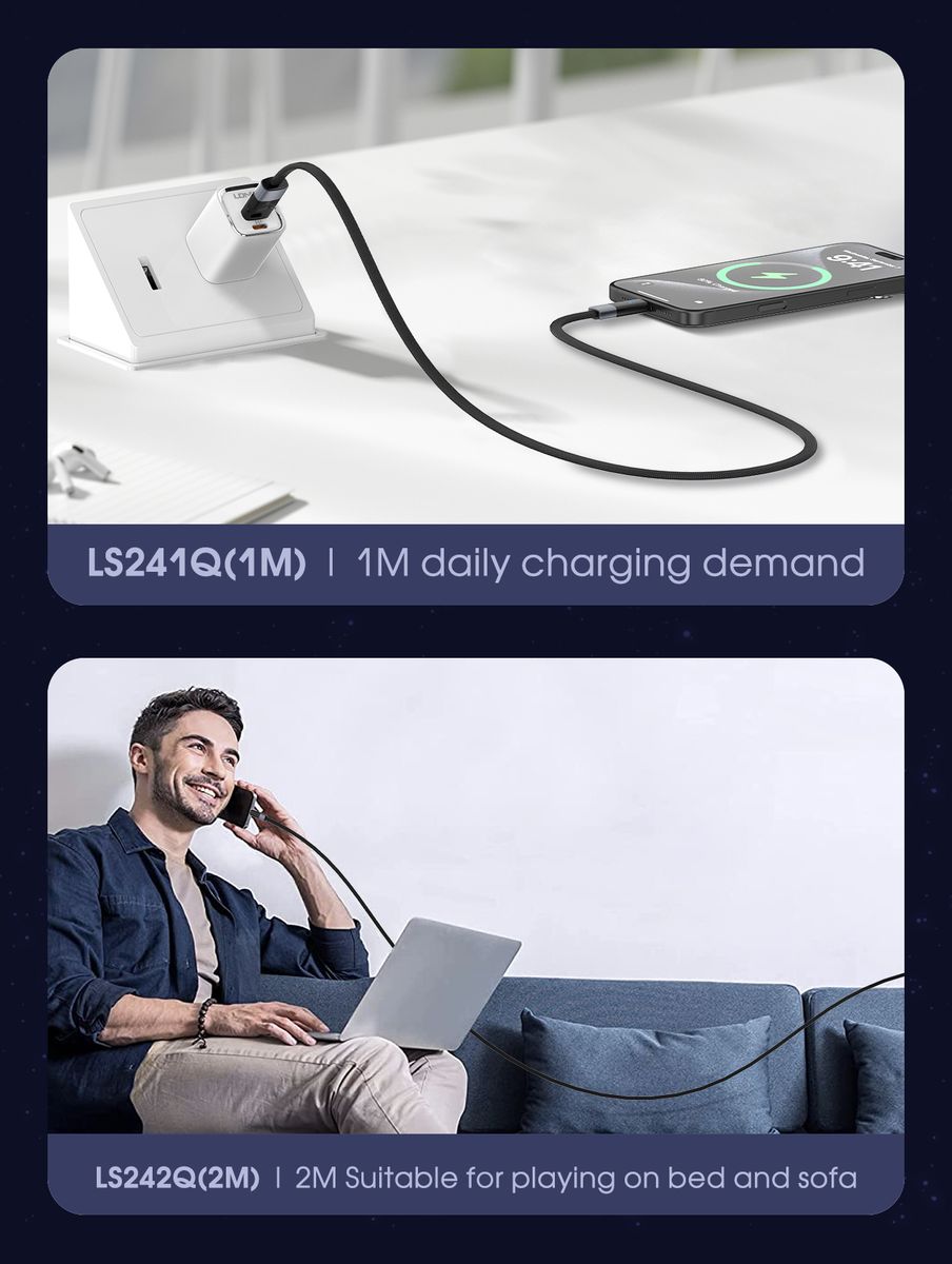 LDNIO LS241Q USB-C to USB-C 100W Fast Charging Cable 1M | PD Fast Charge & 480Mbps Data Sync Nylon Braided Cord