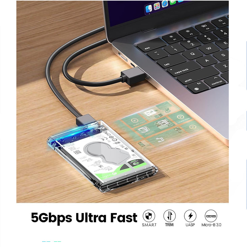 2.5 Inch SATA USB 3.0 Hard Drive Enclosure | Transparent External HDD & SSD Case for 7mm/9.5mm SATA Drives - SE-L133