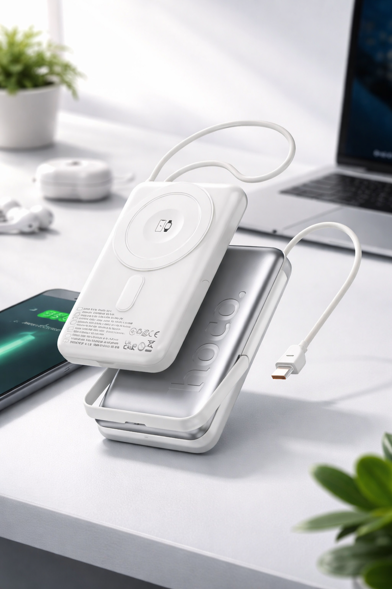 HOCO Q43 10000mAh Magnetic Wireless Power Bank 20W PD Fast Charging with Built-in USB-C Cable & Foldable Stand – White