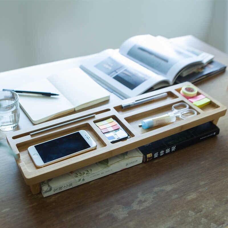 Bamboo Desk Organizer & Monitor Stand Riser with Keyboard Storage | Wooden Desktop Organizer