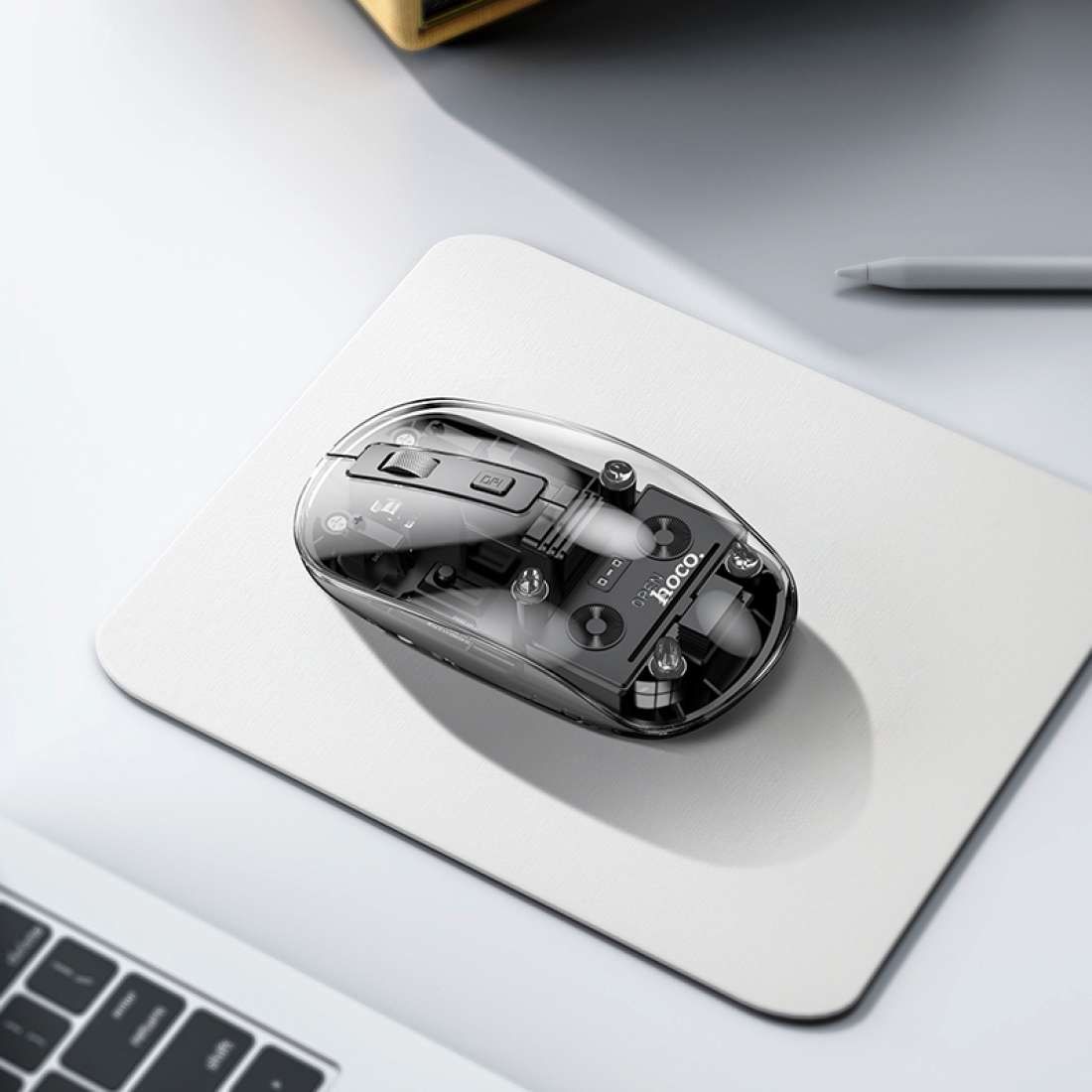 HOCO GM29 Transparent Wireless Mouse | Dual Mode Bluetooth 5.0 + 2.4G USB Optical Mouse with Adjustable DPI for Laptop, PC, Mac & Tablet
