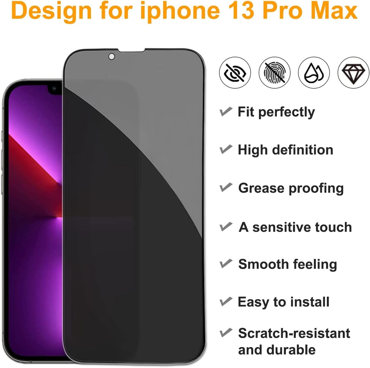 Professional Privacy Tempered Glass Screen Protector for iPhone 13 Pro Max | 9H Anti-Spy Full Coverage Glass