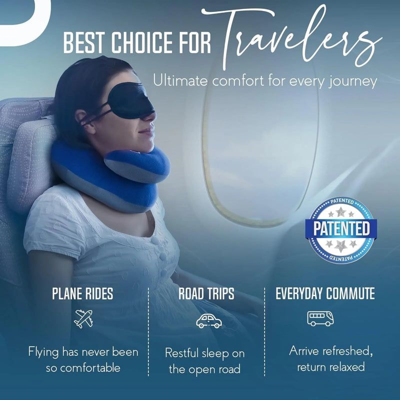 Adjustable Travel Neck Pillow with Head & Neck Support and Carry Pouch - Navy Blue