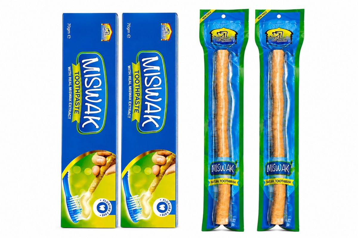 Al Khair 2 Pack Miswak Oral Care Set – 2 × 70g Fluoride-Free Toothpaste & 2 Natural Miswak Sticks