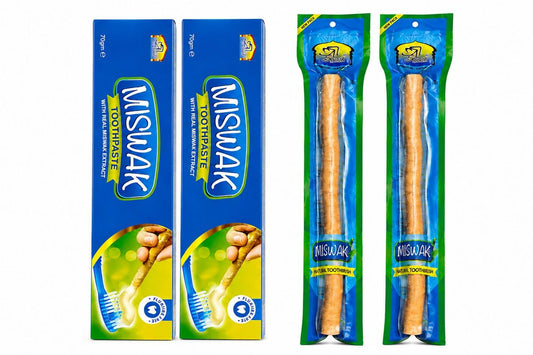 Al Khair 2 Pack Miswak Oral Care Set – 2 × 70g Fluoride-Free Toothpaste & 2 Natural Miswak Sticks