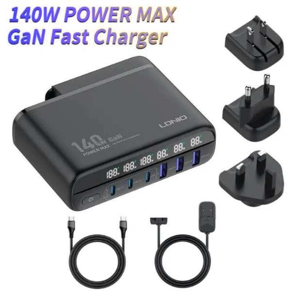 LDNIO A6140C 140W GaN Desktop Charger Station | 6-Port Fast Charger (3 USB-C + 3 USB-A) with LED Display