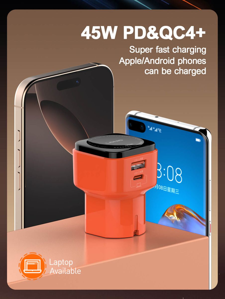 LDNIO Q2420 45W Universal Travel Fast Charger with USB-C & USB-A | EU/US/UK/AU Plug + USB to USB-C Cable (1M)