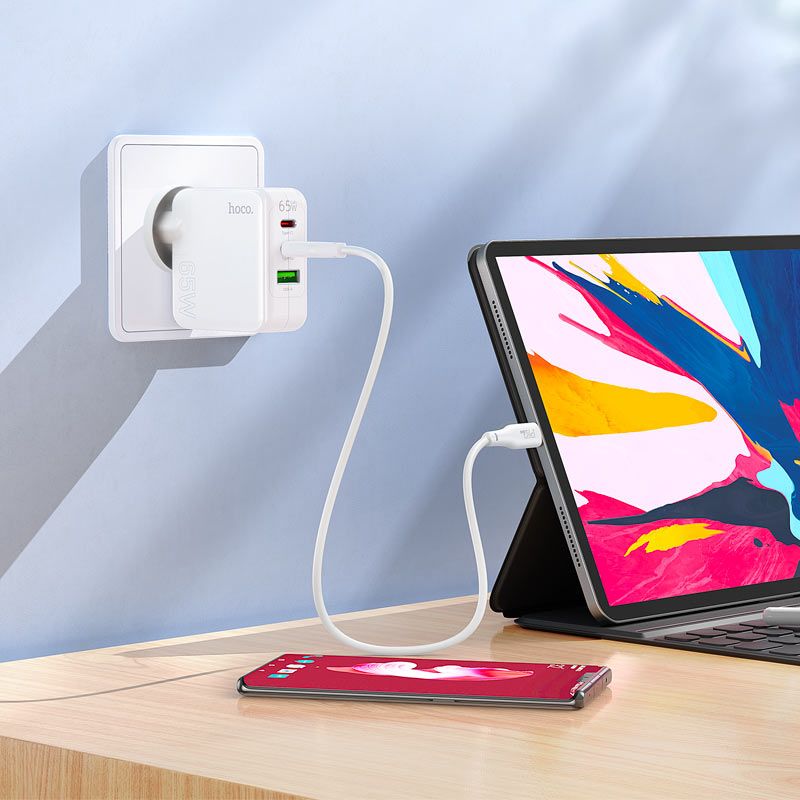 HOCO C115A 65W GaN Fast Charger | Dual USB-C PD + USB-A QC3.0 Wall Charger (EU Plug)