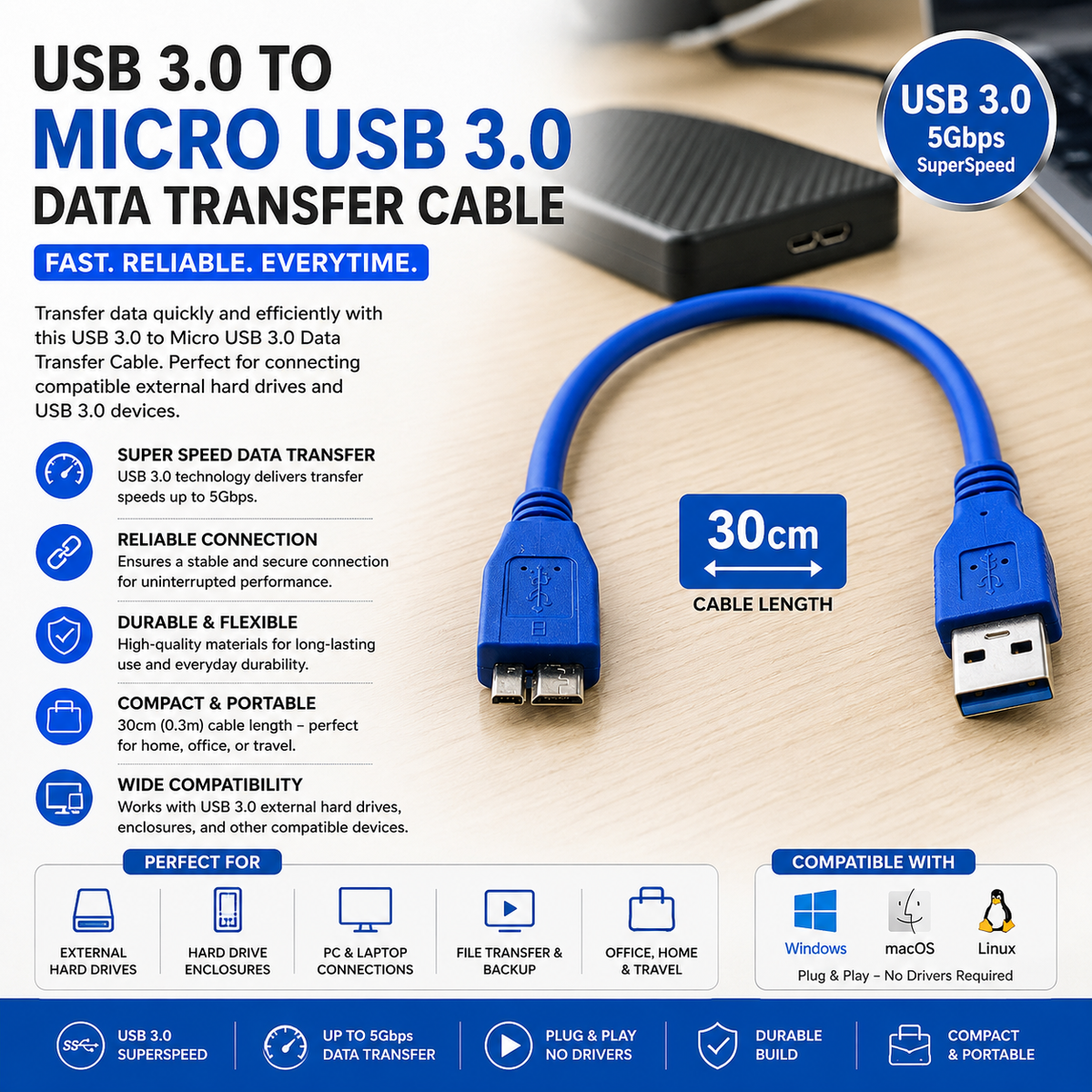 USB 3.0 A to Micro B External Hard Drive Cable 30cm High Speed Blue