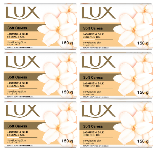 Lux Soft Caress Beauty Soap Bar with Jasmine & Silk Essence 150g Pack of 6 | Glowing Skin Bath Soap