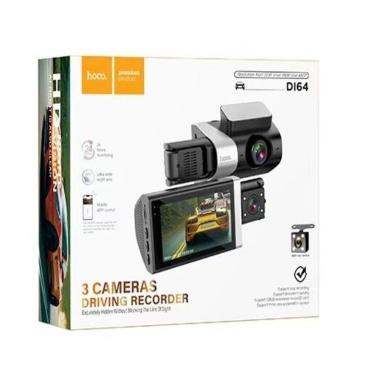 HOCO DI64 Triumph 3-Channel WiFi Car Dash Cam – Front, Interior & Rear Camera with 3" Display