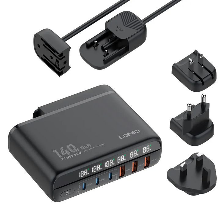 LDNIO A6140C 140W GaN Desktop Charging Station | 6-Port Fast Charger with 3 USB-C, 3 USB-A & LED Display - Black