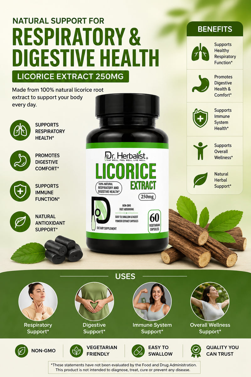 Dr. Herbalist Licorice Extract 250mg – 60 Vegetarian Capsules | Herbal Dietary Supplement