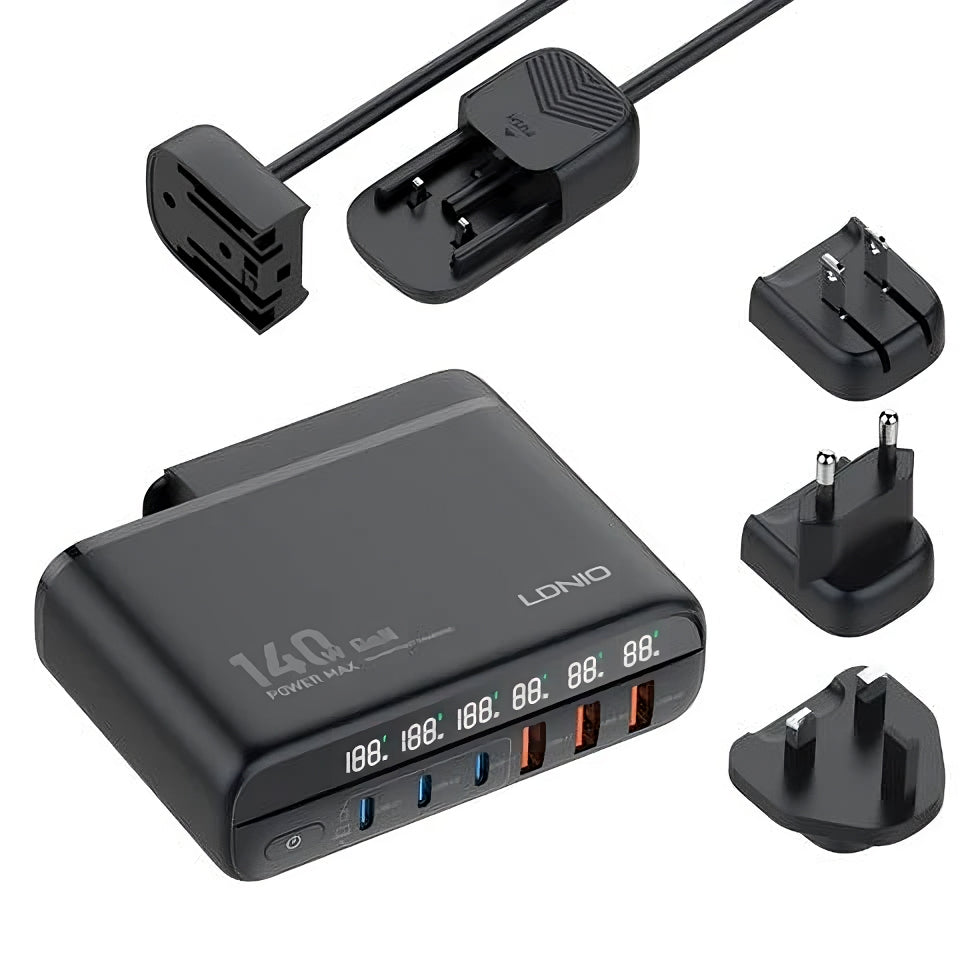 LDNIO A6140C 140W GaN Desktop Charging Station | 3 USB-C + 3 USB-A Fast Charger with LED Display & Universal Travel Plugs