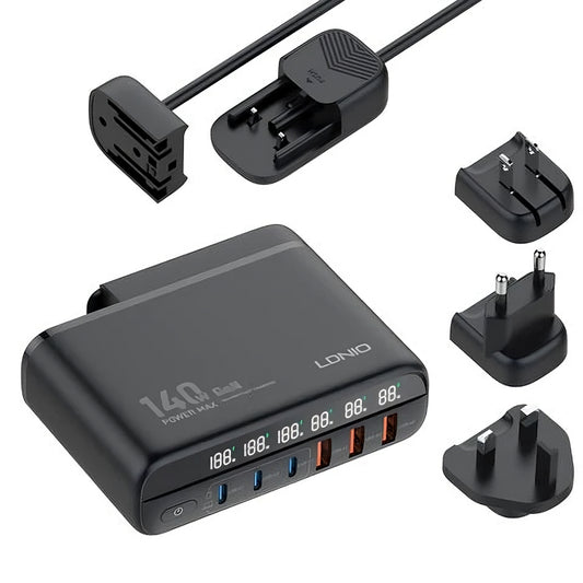 LDNIO A6140C 140W GaN Desktop Charging Station | 3 USB-C + 3 USB-A Fast Charger with LED Display & Universal Travel Plugs