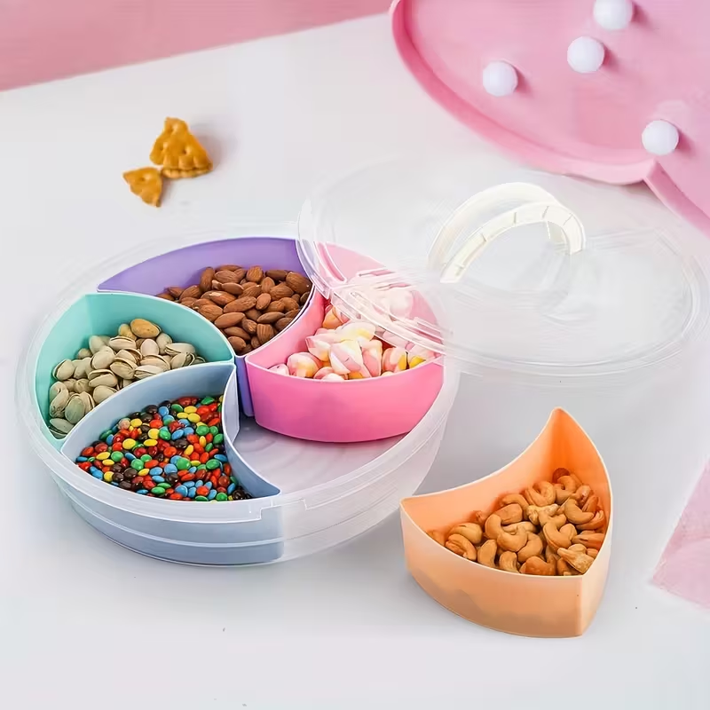 Round 5 Compartment Snack Storage Container with Lid | Multi-Colour Sectional Food Organizer Box