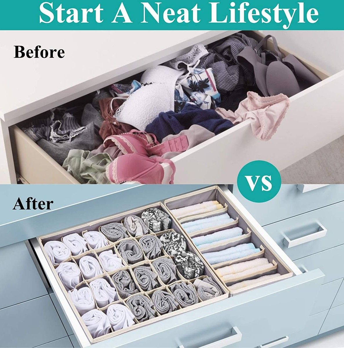 4 Piece Drawer Organizer Set for Underwear, Bras, Socks & Accessories - Foldable Closet Storage Dividers