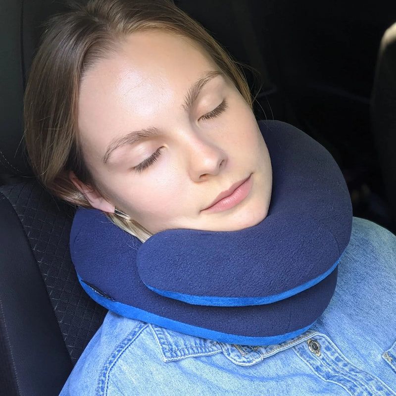Adjustable Travel Neck Pillow with Head & Neck Support and Carry Pouch - Navy Blue