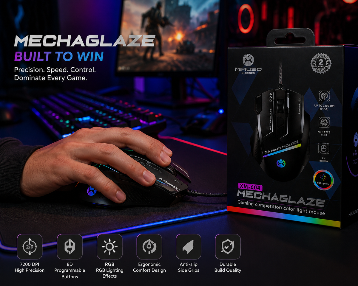 Mikuso XM-604 RGB Gaming Mouse – 7200 DPI Wired USB Optical Mouse with 8 Buttons for PC & Laptop