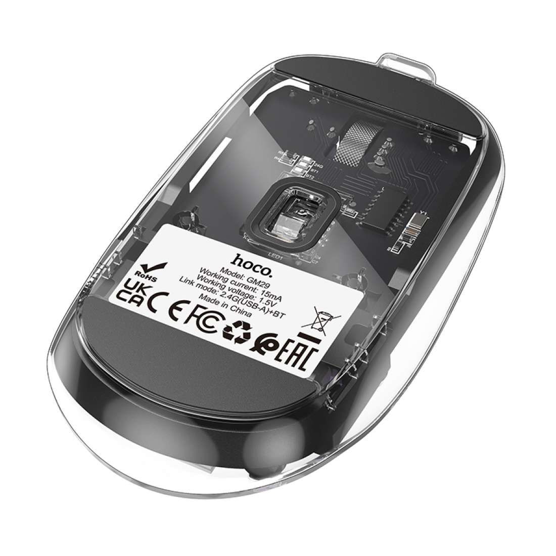 HOCO GM29 Transparent Wireless Mouse | Dual Mode Bluetooth 5.0 + 2.4G USB Optical Mouse with Adjustable DPI for Laptop, PC, Mac & Tablet