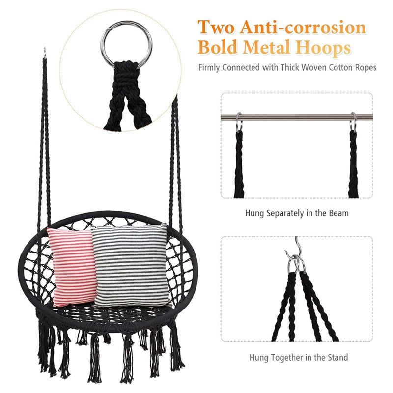 Macrame Hanging Chair Swing for Adults & Kids | Indoor Outdoor Cotton Rope Hammock Chair with Tassels