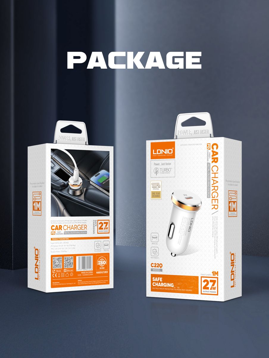 LDNIO C22Q 27W PD Fast Car Charger with USB-C to Lightning Cable (1M) | USB-C Power Delivery Car Adapter