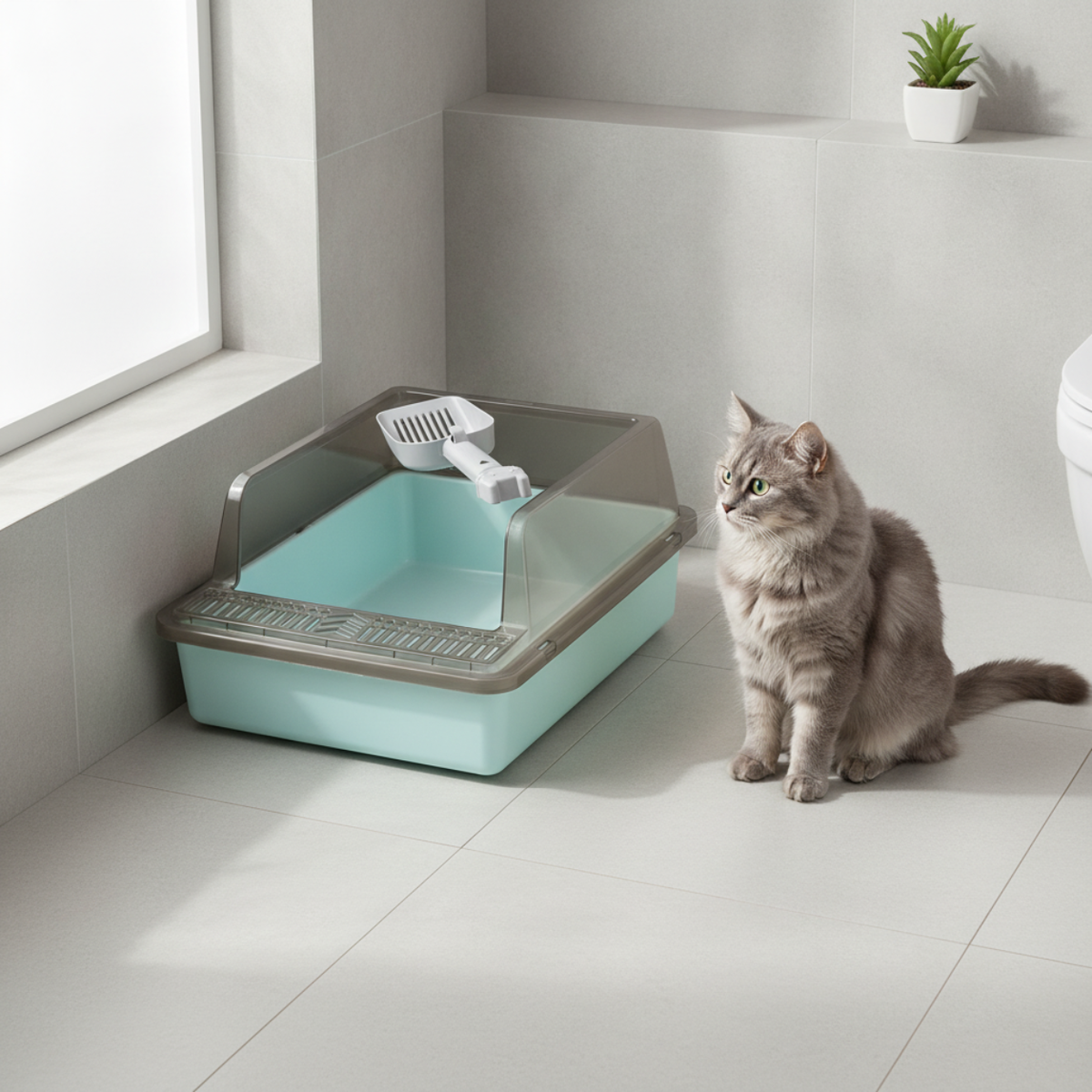 Enclosed Cat Litter Box with Scoop – Covered Kitty Toilet & Cat Litter Tray, Blue