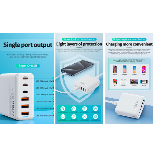 XO C-L133 75W GaN Multi-Port Fast Charger | 3 USB-C + 3 USB-A Desktop Charging Adapter