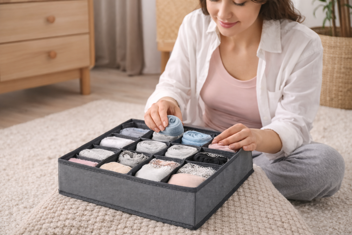 12 Pocket Drawer Organizer for Socks, Underwear & Clothes | Foldable Closet Storage Box – Grey