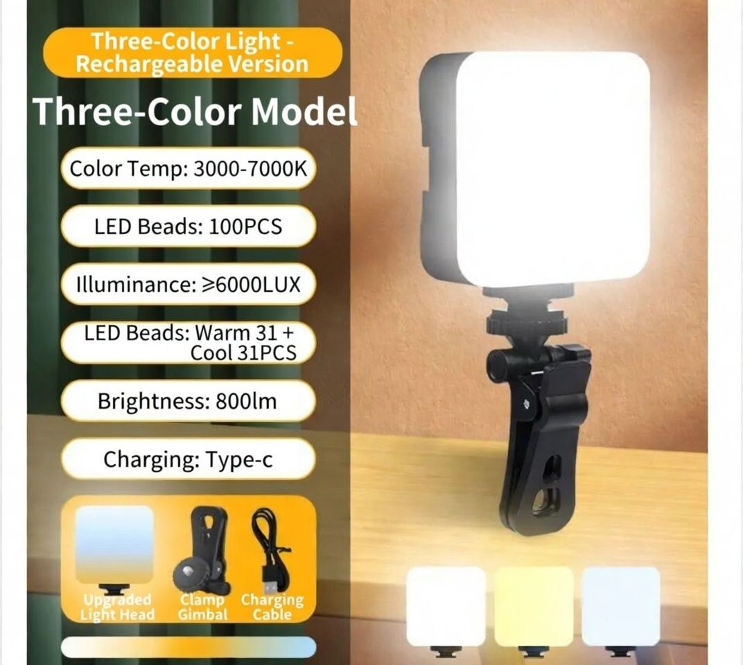 M88 LED Video Light | Portable Rechargeable Clip-On Fill Light | 3 Color Modes & Adjustable Brightness | USB Light for Phone, Laptop, Camera, Vlogging & Live Streaming