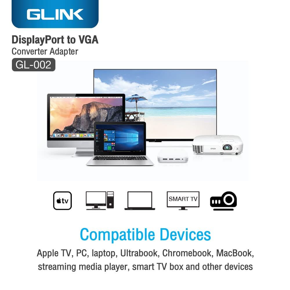 GLINK GL-002 DisplayPort to VGA Adapter | DisplayPort Male to VGA Female Converter | Full HD 1080P Video Adapter