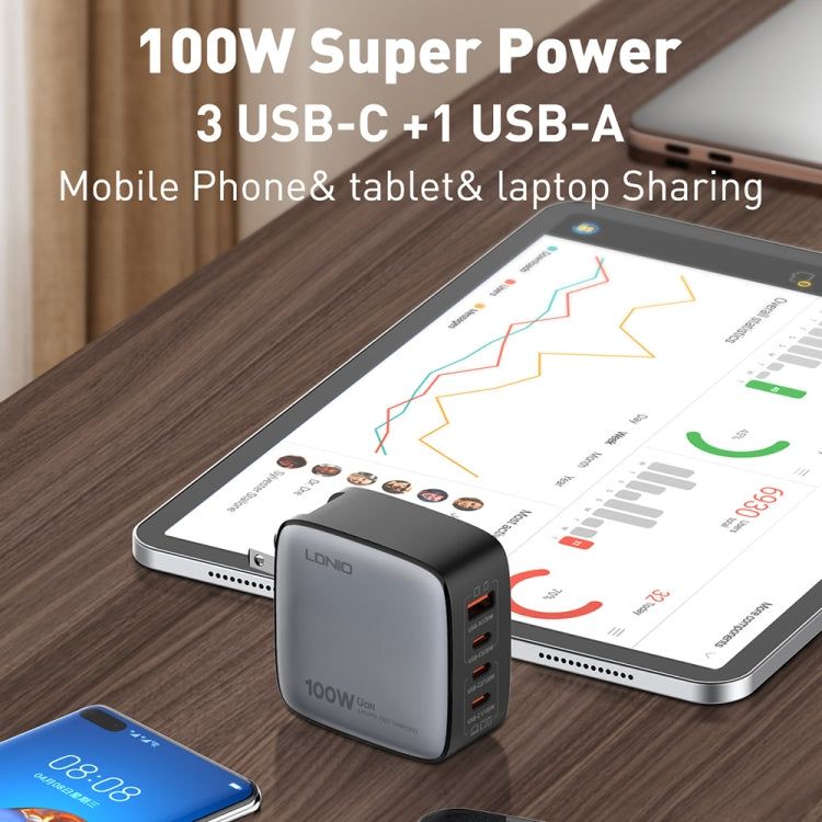 LDNIO Q408 100W GaN Fast Charger | 3 USB-C + 1 USB-A Multi-Port PD Wall Charging Station for MacBook, iPhone, Samsung, Laptop - Black / White