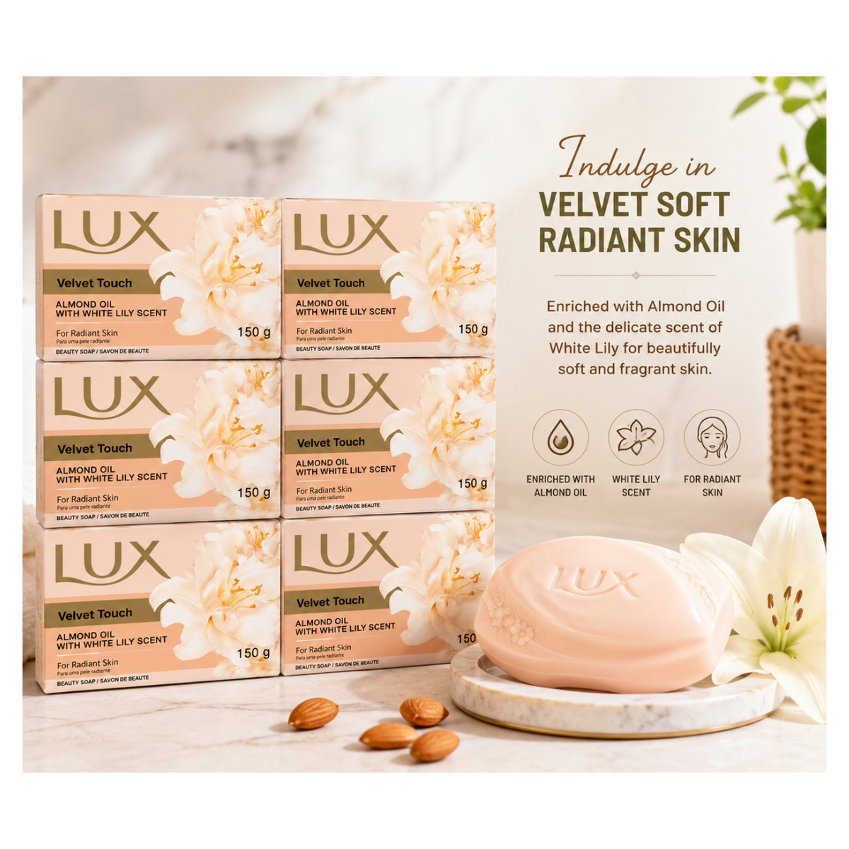 Lux Velvet Touch Beauty Soap Bar 150g x 6 Pack with Almond Oil & White Lily Scent – Moisturising Creamy Bath Soap for Soft & Radiant Skin