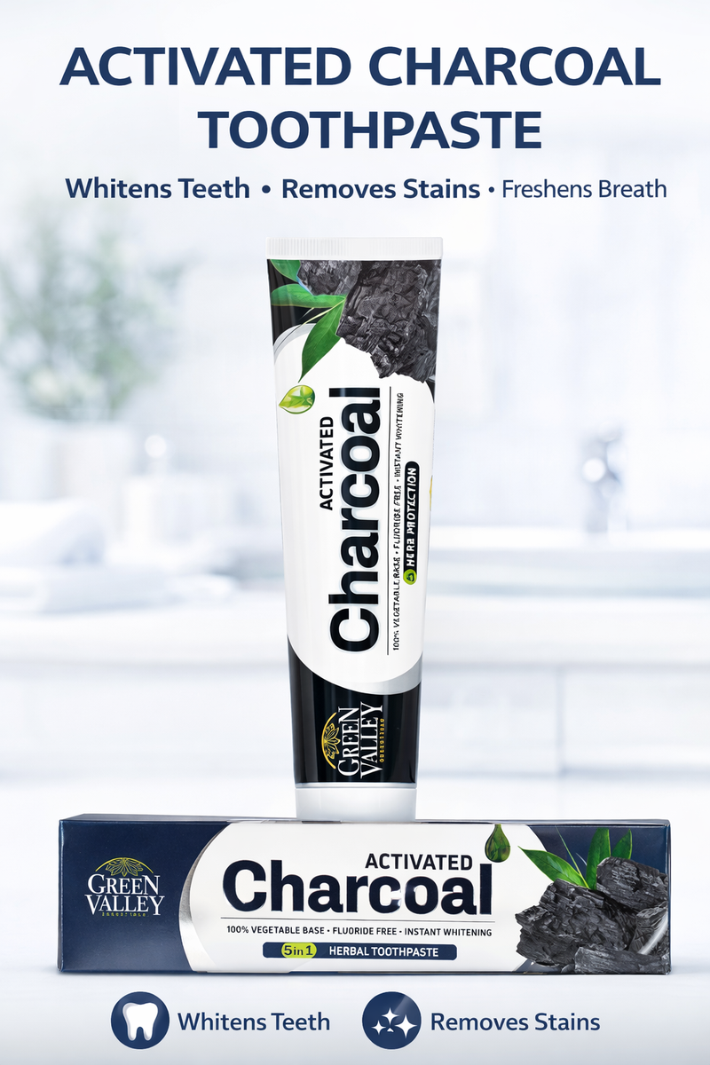 Green Valley Activated Charcoal Toothpaste 185g – Natural Teeth Whitening, Fresh Breath & Herbal Oral Care