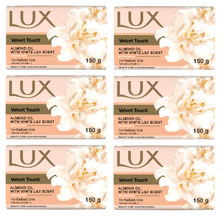 Lux Velvet Touch Beauty Soap Bar 150g x 6 Pack with Almond Oil & White Lily Scent – Moisturising Creamy Bath Soap for Soft & Radiant Skin