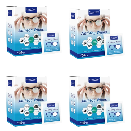 Powerclean Anti-Fog Lens Cleaning Wipes (100 Wipes x 4 Pack) | Fog-Free Cleaning Wipes for Glasses, Sunglasses, Camera Lens, Phone, Laptop & Electronic Screens