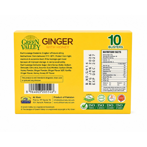 Green Valley Ginger & Honey Lozenges | Herbal Ginger Honey Lozenges – 10 Blister Packs