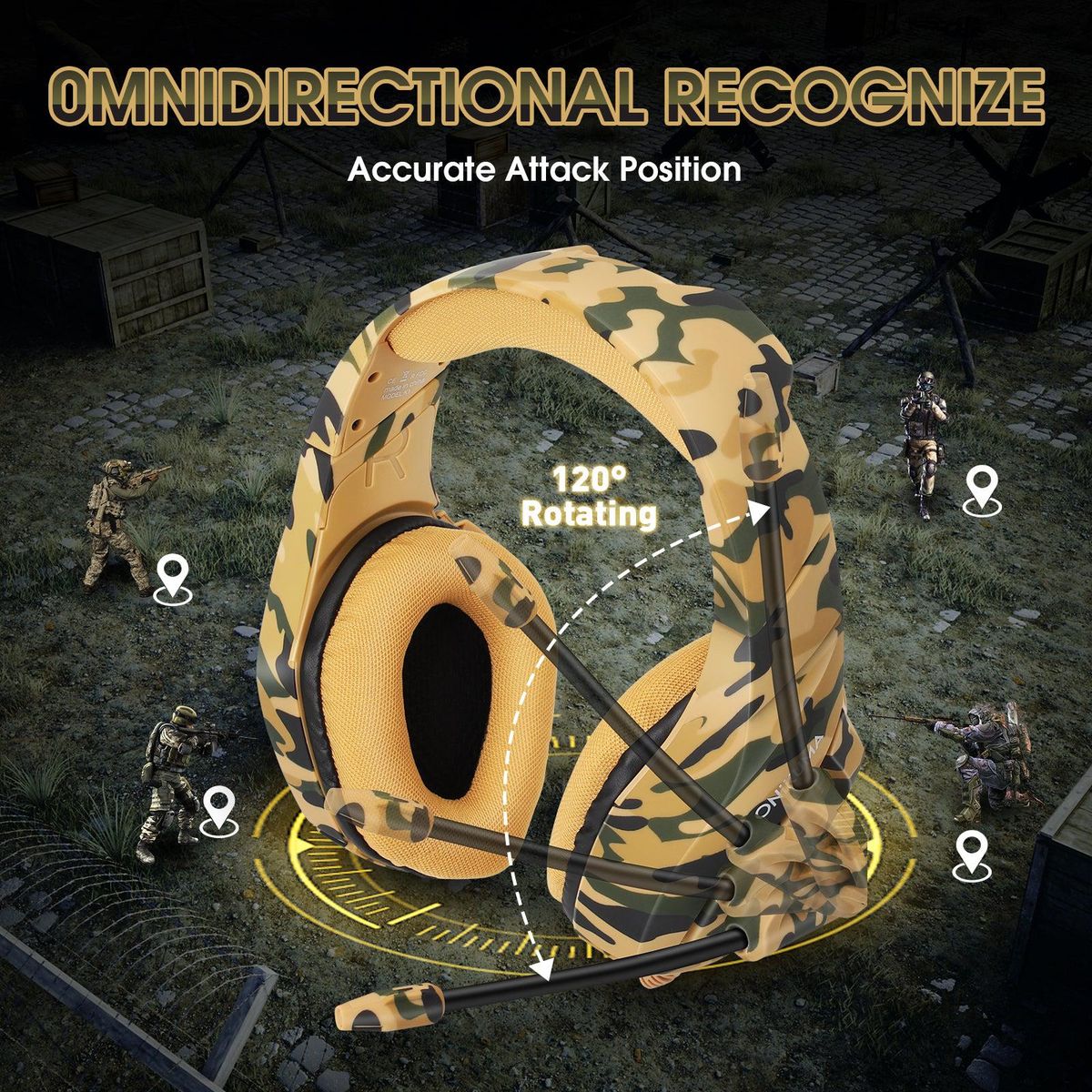 ONIKUMA K1B Gaming Headset with Microphone, 50mm Stereo Sound, 3.5mm Jack, Camo Yellow