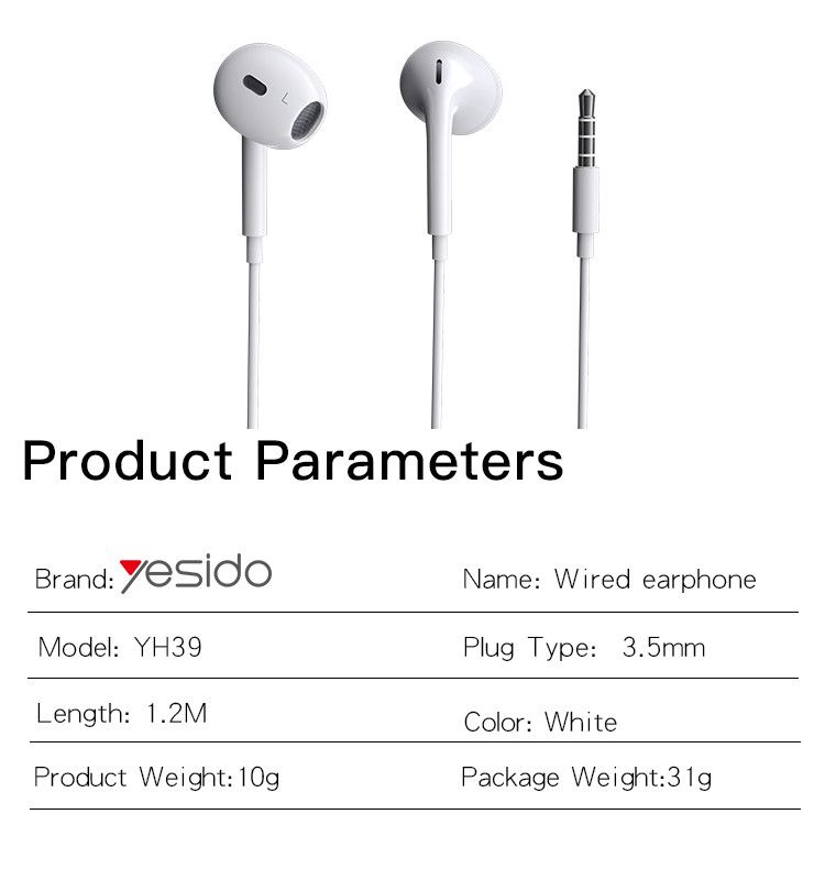 YESIDO YH39 Wired Earphones with Microphone – 3.5mm In-Ear Heavy Bass Stereo Headset with Remote Control, White