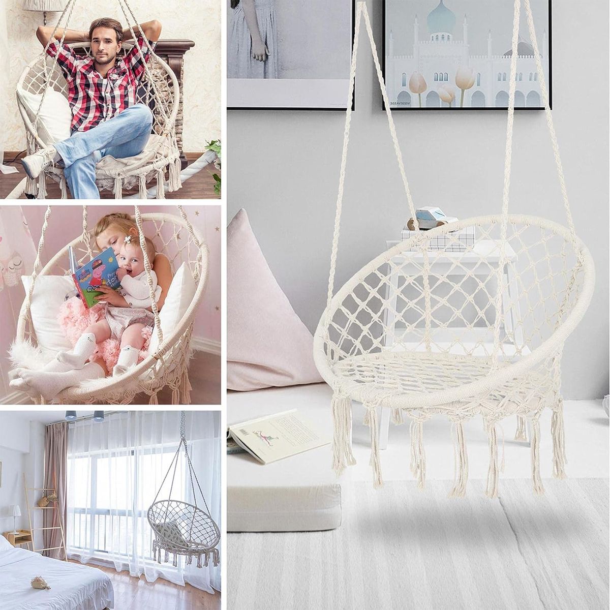 Handmade Cotton Rope Hanging Swing Chair for Adults & Kids | Boho Hammock Chair for Indoor & Outdoor Garden - Grey