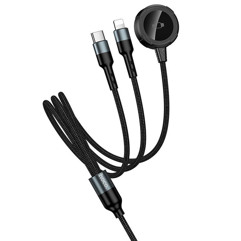HOCO CW64 3-in-1 Magnetic Charging Cable with Apple Watch Wireless Charger, USB-C & Lightning | 1.2M Braided Cable