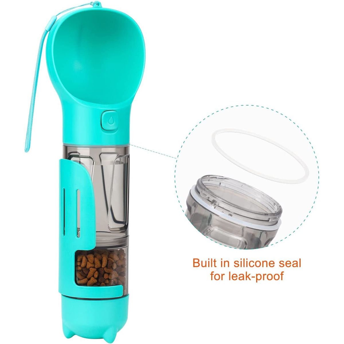4-in-1 Portable Dog Water Bottle with Food Storage & Poop Bag Holder – Green Travel Pet Feeder