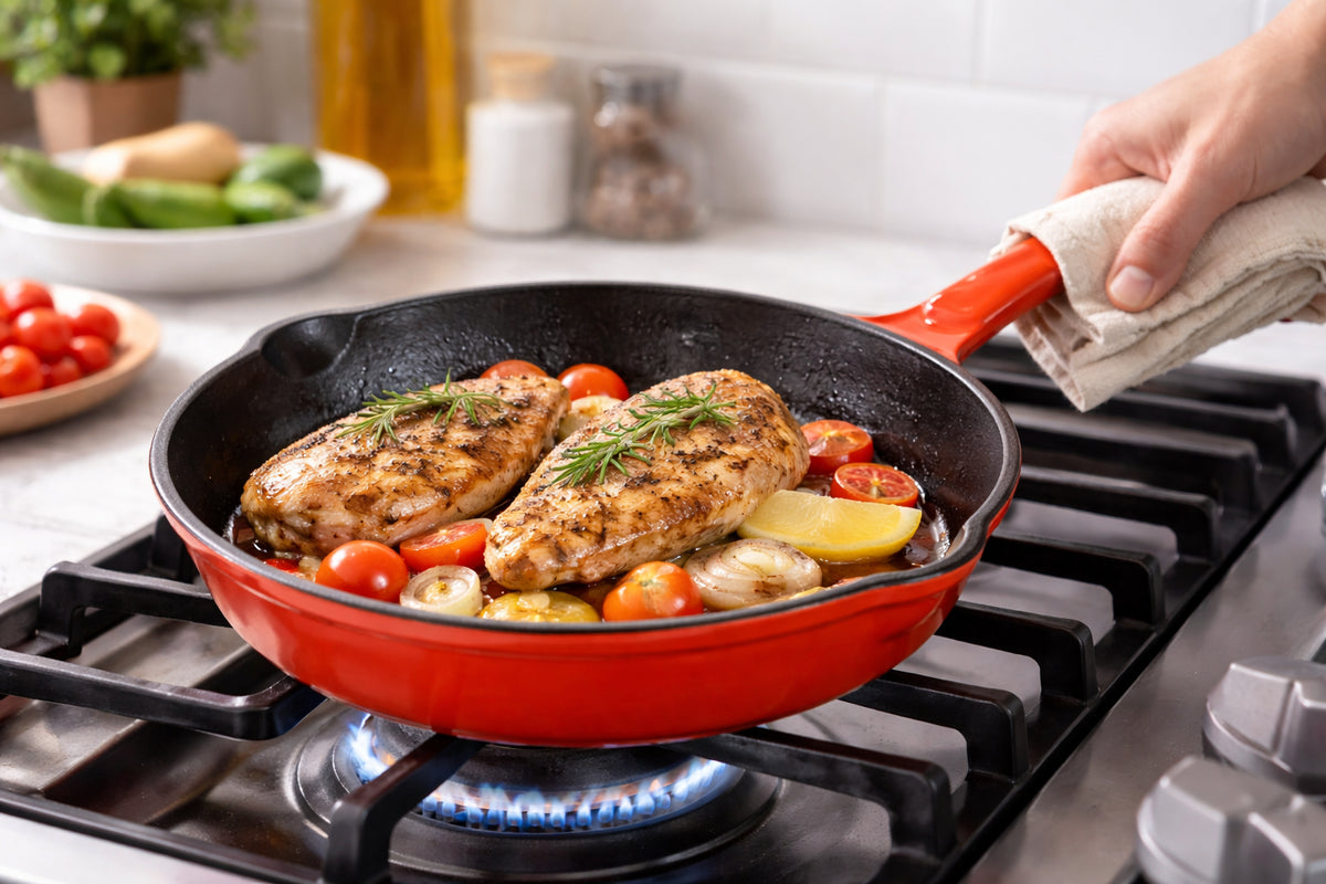 24cm Enamelled Cast Iron Frying Pan – Oven & Induction Safe Skillet Red & Black