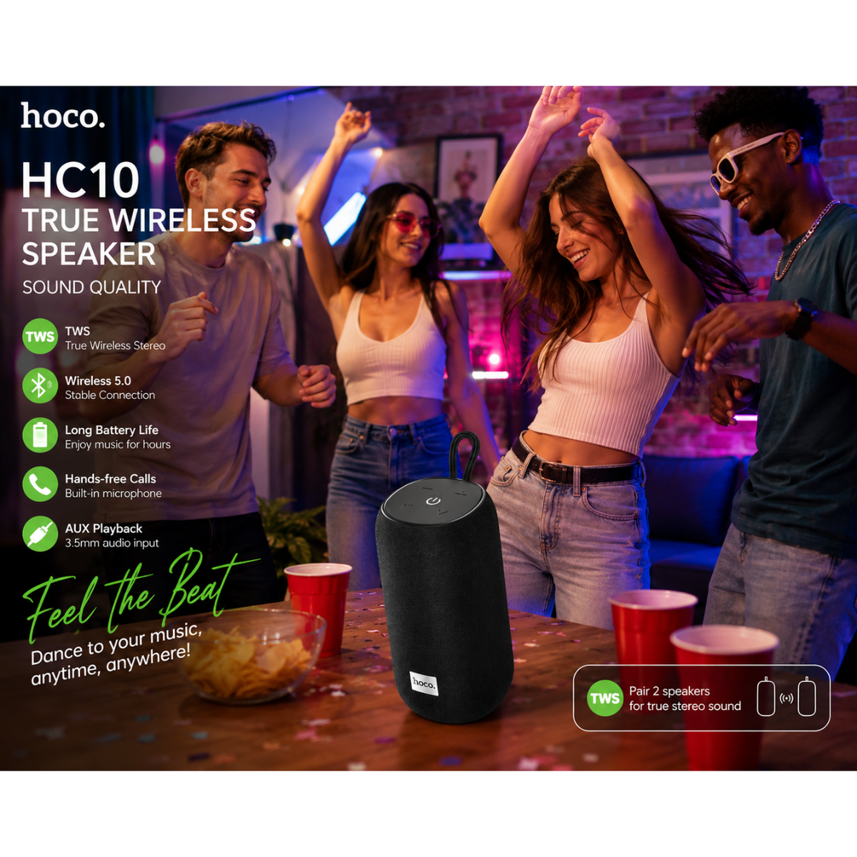 HOCO HC10 Portable Wireless Bluetooth Speaker | Bluetooth 5.0 | TWS Stereo | FM Radio | USB & TF Card | 5W Outdoor Portable Speaker