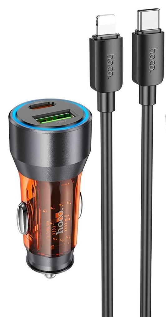 HOCO NZ12A 43W PD Fast Car Charger with USB-C to Lightning Cable (1M) | Dual Port USB-C + USB-A Car Charger