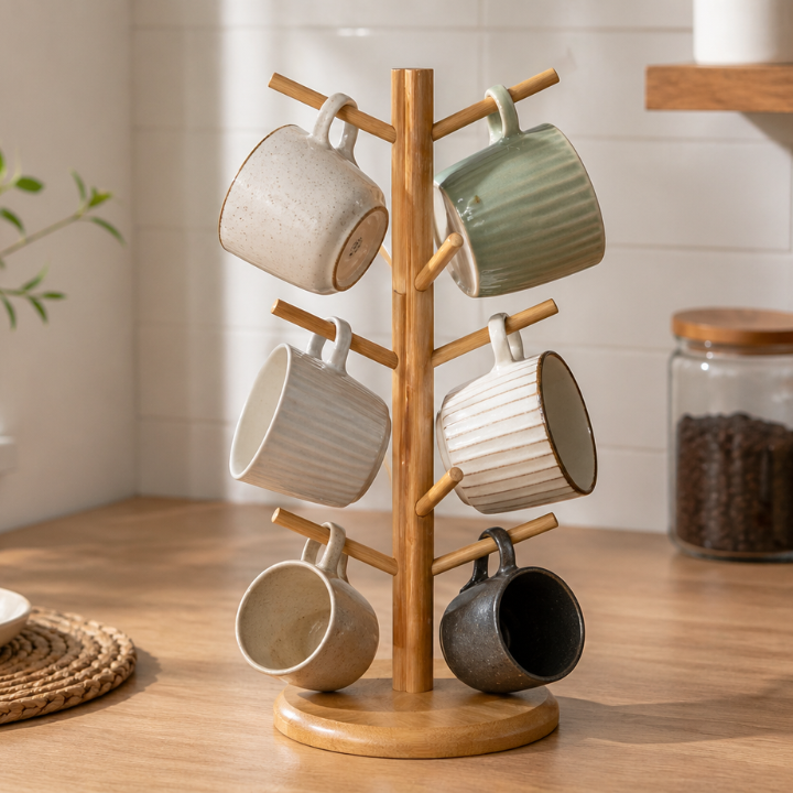 Wooden Tree Mug Holder Rack for 6 Cups - Countertop Coffee Mug Stand Organizer for Kitchen & Dining Table